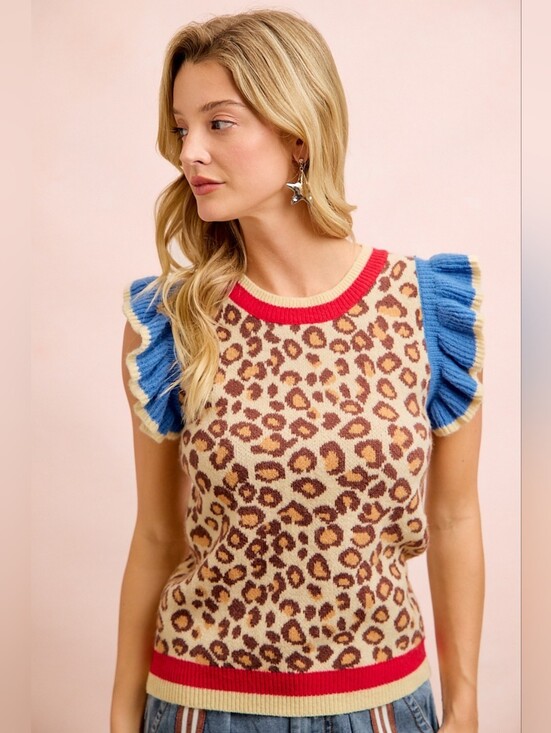 BiBi Tops - BiBi 4th Of July Leopard Ruffled Detail Knit Top- FAST SHIPPING!!